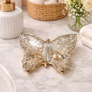 Glass Butterfly‎ Ring Dish Jewelry Holder Trinket Tray Vanity Decor Gold Trim